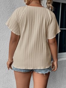 SHEIN LUNE Áo sơ mi Plus Size Tương phản ren Thắt nơ trước màu trơn Giải trí - Màu Khaki - Xem 2