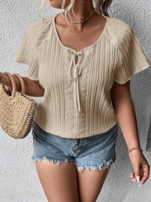 SHEIN LUNE Áo sơ mi Plus Size Tương phản ren Thắt nơ trước màu trơn Giải trí - Màu Khaki - Xem 3