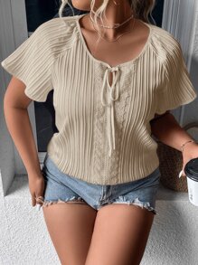 SHEIN LUNE Áo sơ mi Plus Size Tương phản ren Thắt nơ trước màu trơn Giải trí - Màu Khaki - Xem 4