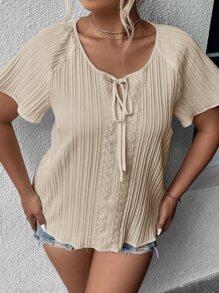 SHEIN LUNE Áo sơ mi Plus Size Tương phản ren Thắt nơ trước màu trơn Giải trí - Màu Khaki - Xem 5