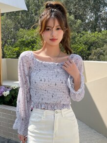 DAZY Ditsy Floral Print Flounce Sleeve Ruffle Trim Crop Blouse Long Sleeve - Mauve Purple - View 3