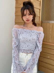 DAZY Ditsy Floral Print Flounce Sleeve Ruffle Trim Crop Blouse Long Sleeve - Mauve Purple - View 5