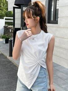 DAZY Solid Twist Front Asymmetrical Hem Tank Top - White - View 1