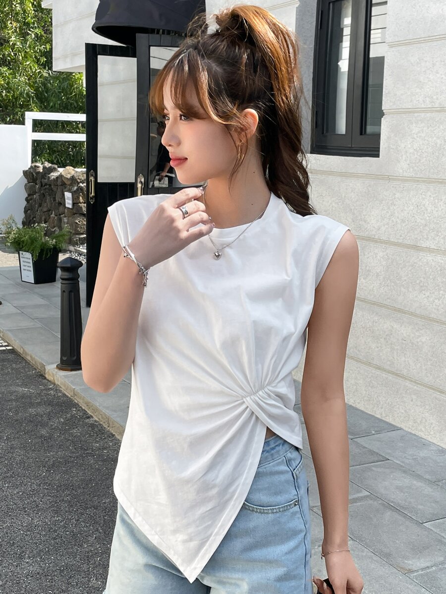 DAZY Solid Twist Front Asymmetrical Hem Tank Top - White - View 1