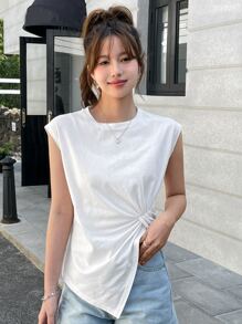 DAZY Solid Twist Front Asymmetrical Hem Tank Top - White - View 4
