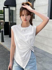 DAZY Solid Twist Front Asymmetrical Hem Tank Top - White - View 6
