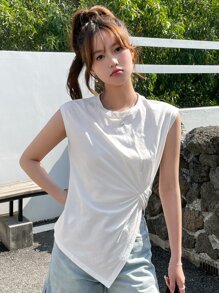 DAZY Solid Twist Front Asymmetrical Hem Tank Top - White - View 9