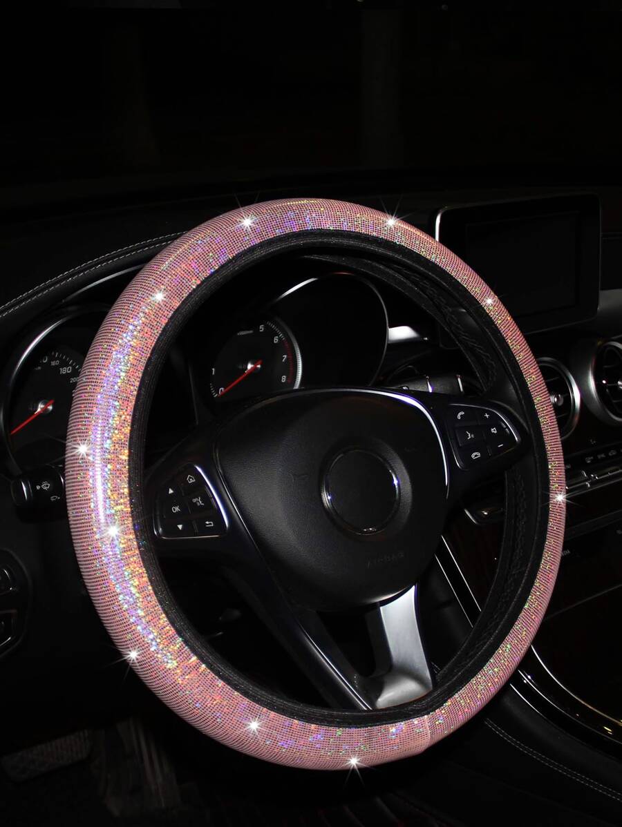 1pc Glitter Car Steering Wheel Cover, Car Accessories Women - Pink - View 1