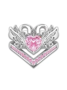 2pcs/Set Couple Cubic Zirconia Heart Decor Ring Valentines - Multicolor - View 5