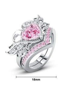 2pcs/Set Couple Cubic Zirconia Heart Decor Ring Valentines - Multicolor - View 6