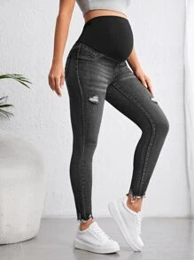 SHEIN Maternity Wide Waistband Ripped Raw Cut Skinny Jeans