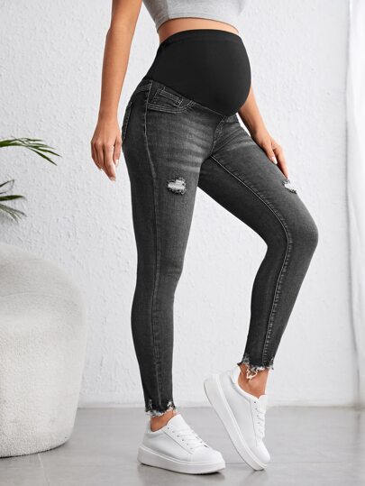 SHEIN Maternity Wide Waistband Ripped Raw Cut Skinny Jeans