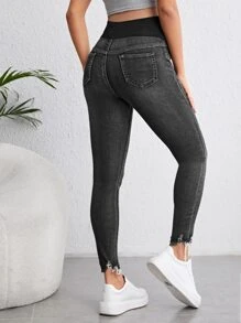 SHEIN Maternity Wide Waistband Ripped Raw Cut Skinny Jeans