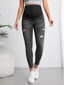 SHEIN Maternity Wide Waistband Ripped Raw Cut Skinny Jeans
