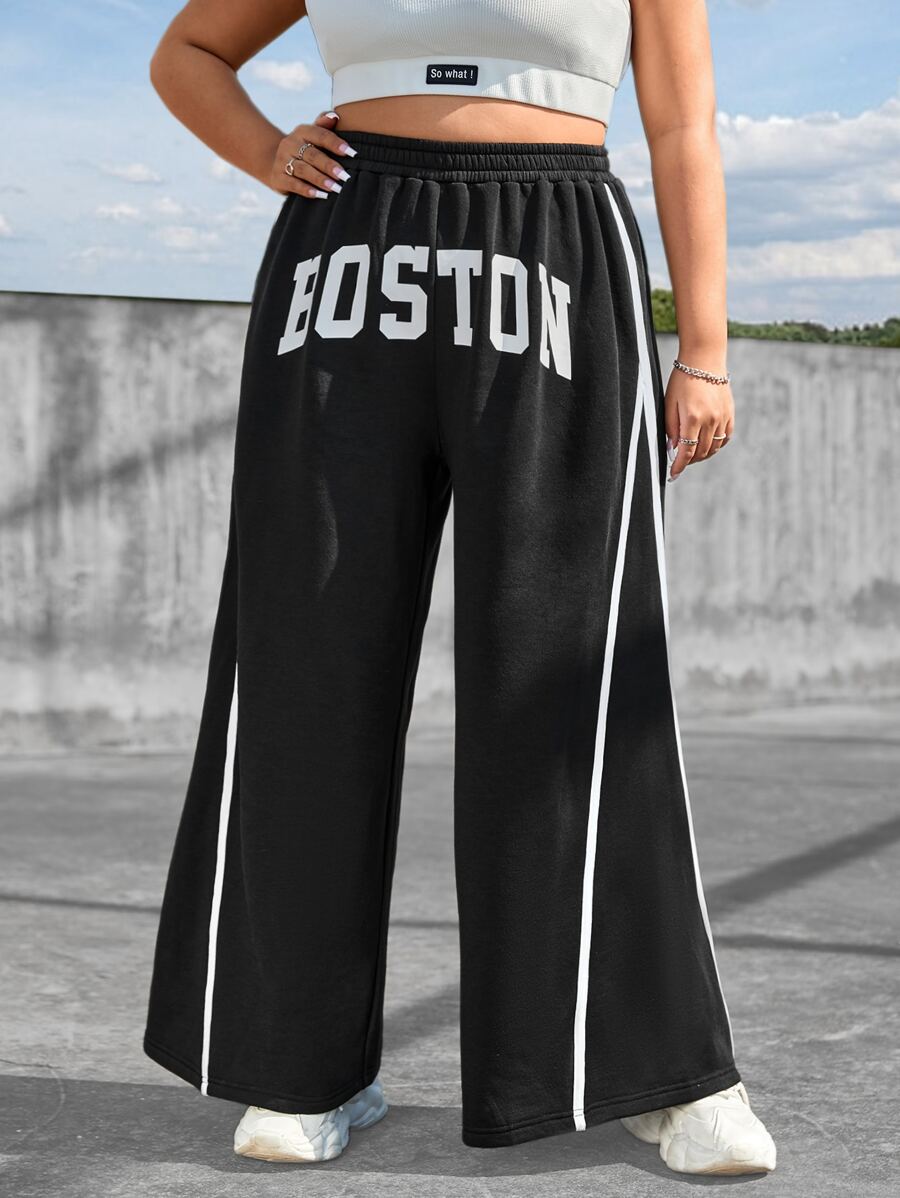 SHEIN EZwear Plus Letter Graphic Contrast Piping Wide Leg Joggers - Black - View 1