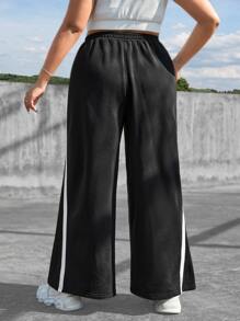 SHEIN EZwear Plus Letter Graphic Contrast Piping Wide Leg Joggers - Black - View 2