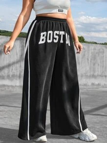 SHEIN EZwear Plus Letter Graphic Contrast Piping Wide Leg Joggers - Black - View 3