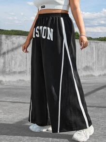 SHEIN EZwear Plus Letter Graphic Contrast Piping Wide Leg Joggers - Black - View 4