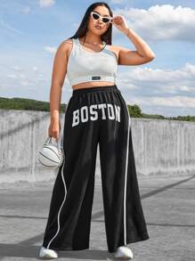 SHEIN EZwear Plus Letter Graphic Contrast Piping Wide Leg Joggers - Black - View 5