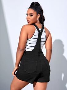 SHEIN EZwear 大尺寸女士純色牛仔背帶短褲 - 黑色 - 查看 2