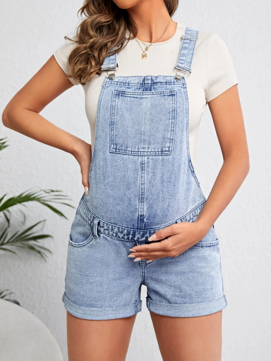 SHEIN 孕婦補丁貼口袋卷邊牛仔連體短褲不帶T恤 - 淺色水洗藍 - 查看 1