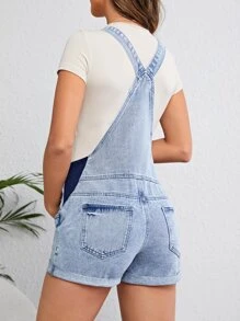 SHEIN 孕婦補丁貼口袋卷邊牛仔連體短褲不帶T恤 - 淺色水洗藍 - 查看 2