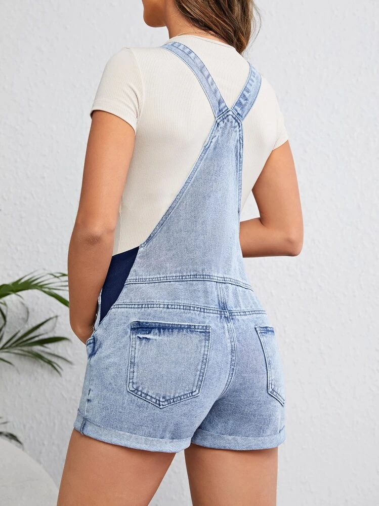 SHEIN รอมเปอร์ สำหรับหญิงตั้งครรภ์ มีกระเป๋า ชายพับ เดนิม เอี๊ยม (ไม่รวมเสื้อยืด) - สียีนส์อ่อน - ดู 2