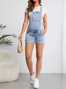 SHEIN 孕婦補丁貼口袋卷邊牛仔連體短褲不帶T恤 - 淺色水洗藍 - 查看 3