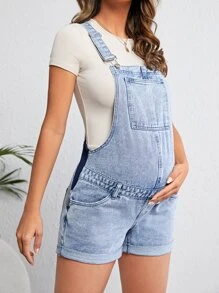 SHEIN 孕婦補丁貼口袋卷邊牛仔連體短褲不帶T恤 - 淺色水洗藍 - 查看 4