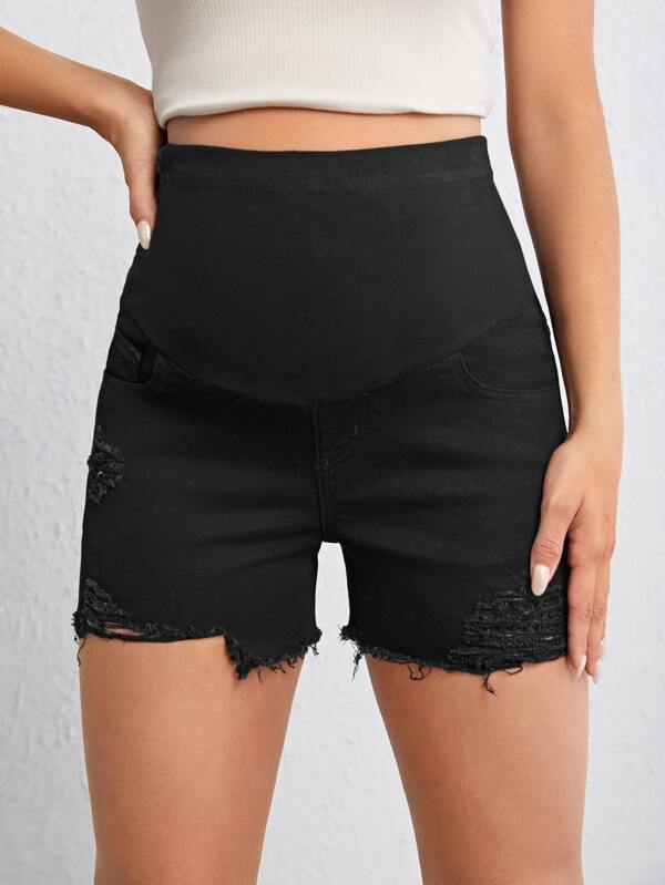 SHEIN Maternity Wideband Waist Ripped Raw Hem Denim Shorts