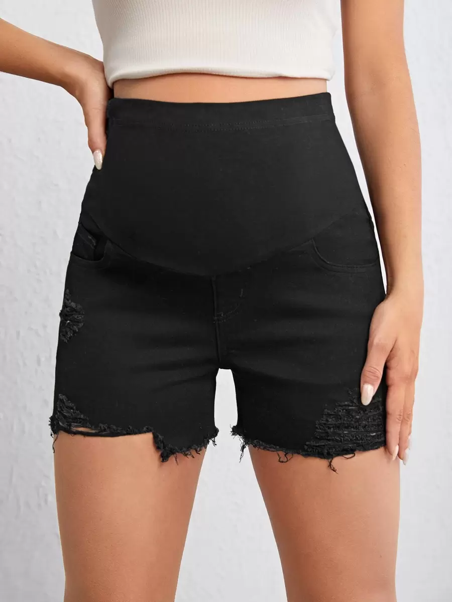 SHEIN 孕婦寬腰帶破洞毛邊牛仔短褲 - 黑色 - 查看 1