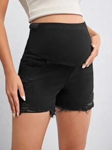 SHEIN 孕婦寬腰帶破洞毛邊牛仔短褲 - 黑色 - 查看 6