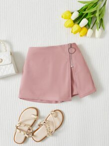 SHEIN Young Girl Fashionable & Elegant Knit Skort Skorts With Side Slit Design - Dusty Pink - View 1