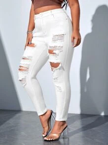 SHEIN Essnce Plus High Waist Ripped Skinny Jeans - White - View 4