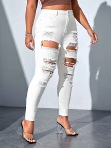 SHEIN Essnce Plus High Waist Ripped Skinny Jeans - White - View 5