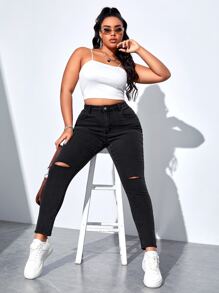 SHEIN EZwear Quần Denim kích thước lớn Nút Túi Bị tách màu trơn - màu đen - Xem 1