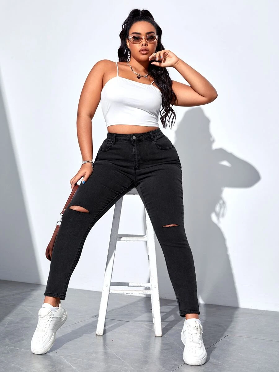 SHEIN EZwear Quần Denim kích thước lớn Nút Túi Bị tách màu trơn - màu đen - Xem 1