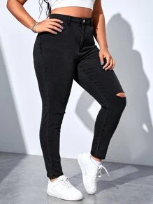 SHEIN EZwear Quần Denim kích thước lớn Nút Túi Bị tách màu trơn - màu đen - Xem 4