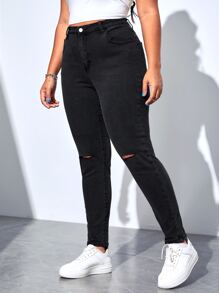 SHEIN EZwear Quần Denim kích thước lớn Nút Túi Bị tách màu trơn - màu đen - Xem 5