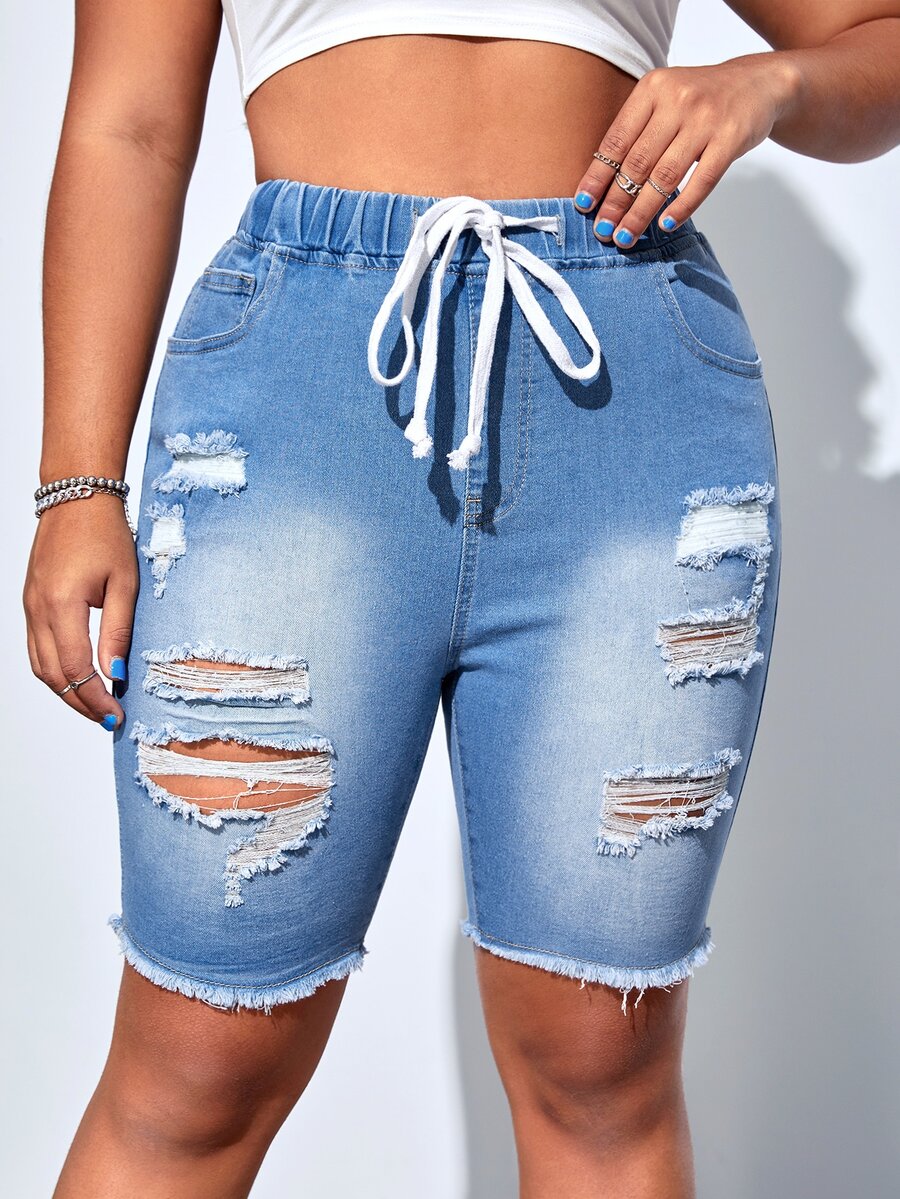 Plus Drawstring Waist Ripped Raw Cut Denim Shorts - Medium Wash - View 1