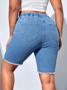 Plus Drawstring Waist Ripped Raw Cut Denim Shorts - Medium Wash - View 2