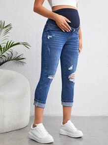SHEIN Maternity Adjustable Waist Ripped Frayed Roll Hem Skinny Jeans - Dark Wash - View 7