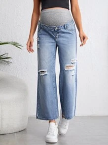 SHEIN 孕婦可調節腰圍破洞抽鬚闊腿牛仔褲 - 淺色水洗藍 - 查看 1