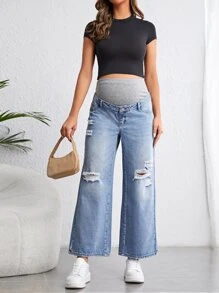 SHEIN 孕婦可調節腰圍破洞抽鬚闊腿牛仔褲 - 淺色水洗藍 - 查看 3