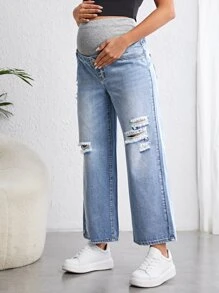 SHEIN 孕婦可調節腰圍破洞抽鬚闊腿牛仔褲 - 淺色水洗藍 - 查看 5