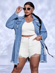 SHEIN SXY 大碼破洞毛邊牛仔外套 - 中等水洗藍 - 查看 1