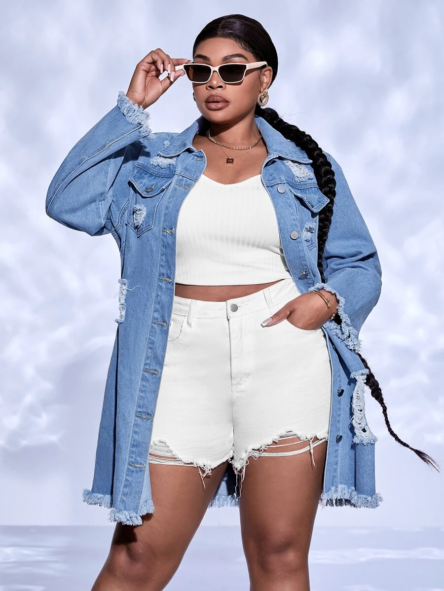 SHEIN SXY 大碼破洞毛邊牛仔外套 - 中等水洗藍 - 查看 1