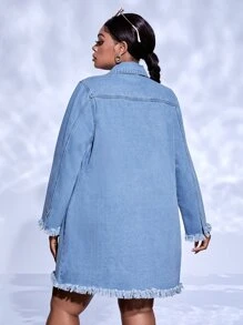 SHEIN SXY 大碼破洞毛邊牛仔外套 - 中等水洗藍 - 查看 2