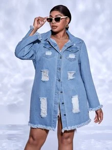SHEIN SXY 大碼破洞毛邊牛仔外套 - 中等水洗藍 - 查看 4