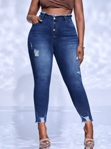 Plus High Waist Raw Hem Ripped Skinny Jeans - Dark Wash - View 1